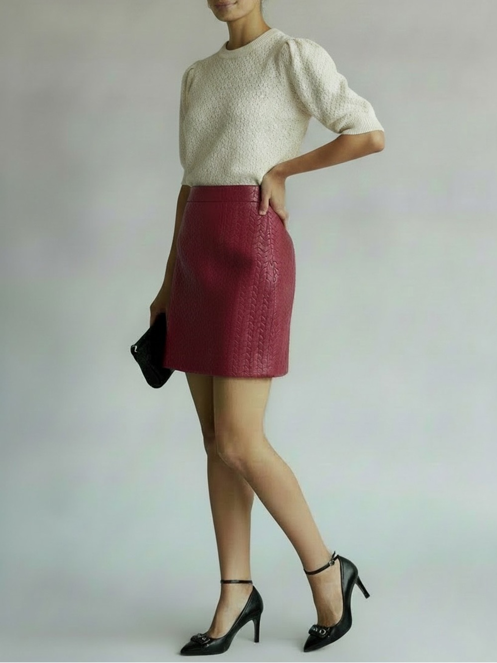 Commense Red Burgundy Textured Mini Skirt
